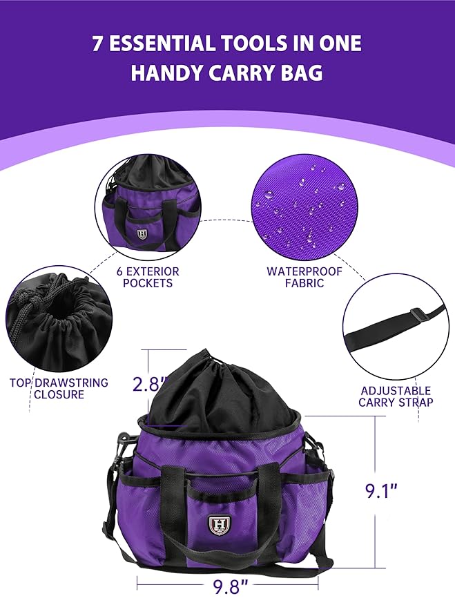 Harrison Howard Horse Grooming Brushes Kit 7 pieces with Organizer Tote Equine Care Series Horse Brush Sets Purple