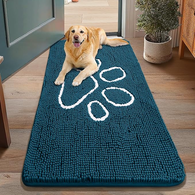 Smiry Dog Door Mat for Muddy Paws, Absorbent Dirt Trapper Non Slip Quick Dry Washable Chenille Mat for Mud Dogs, Entry Rug for Indoor and Outdoor (48x30 Inches, Atlantic Blue)