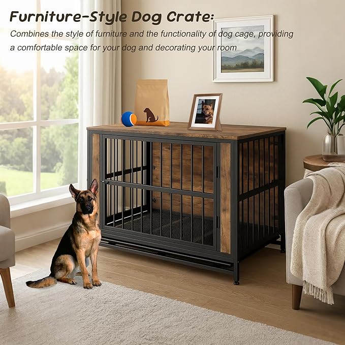 Rustic Large Dog Cage Furniture, Brown Wooden Dog Crate Kennel Furniture, Decorative Dog House Indoor End Table for Small Medium Large Dog