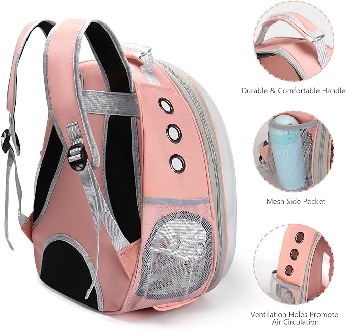 Bird Backpack Carrier, Travel Bird Cage for Small Medium Size Parrot Parakeet Budgies Cockatiel, Portable Clear Bubble Window Bag with Stainless Steel Tray Food Bolw Standing Perch (Pink)