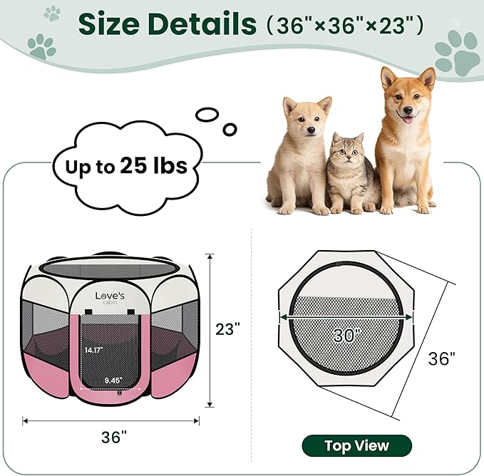 Love's cabin Pet Puppy Dog Playpen, Medium Dog Tent Crates Cage Indoor/Outdoor, Portable Playpen for Cat, Foldable Pop Up Dog Kennel Playpen with Carring Case, Removable Zipper Top, Pink