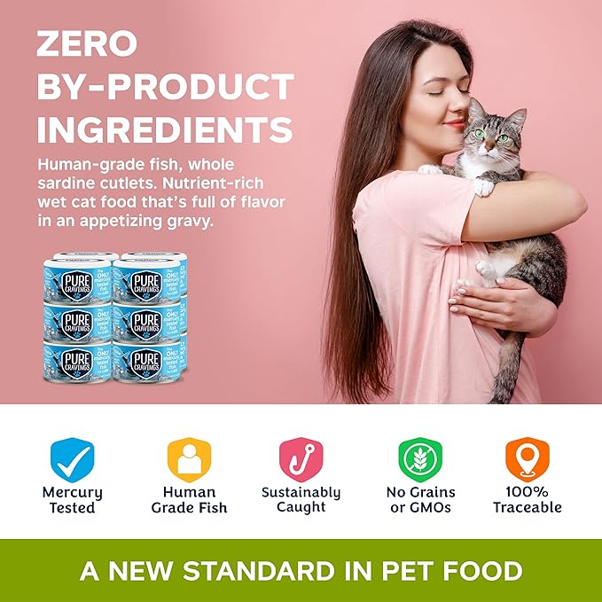 Pure Cravings Wet Cat Food Canned Tuna Cutlets in Gravy, 100% Mercury-Tested, Moist Can Fish for Cats, Grain-Free, Protein, Non-GMO, Pack of 12