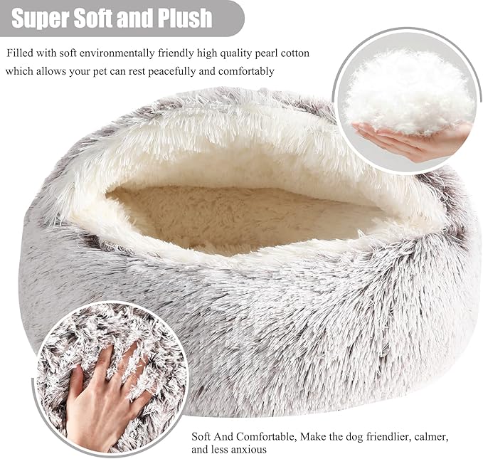 Calming Dog Beds & Cat Cave Bed with Hooded Cover,Removable Washable Round Beds for Small Medium Pets,Anti-Slip Faux Fur Fluffy Coved Bed for Improved Sleep,Fits up to 15/25 lbs (Small,20"x20")