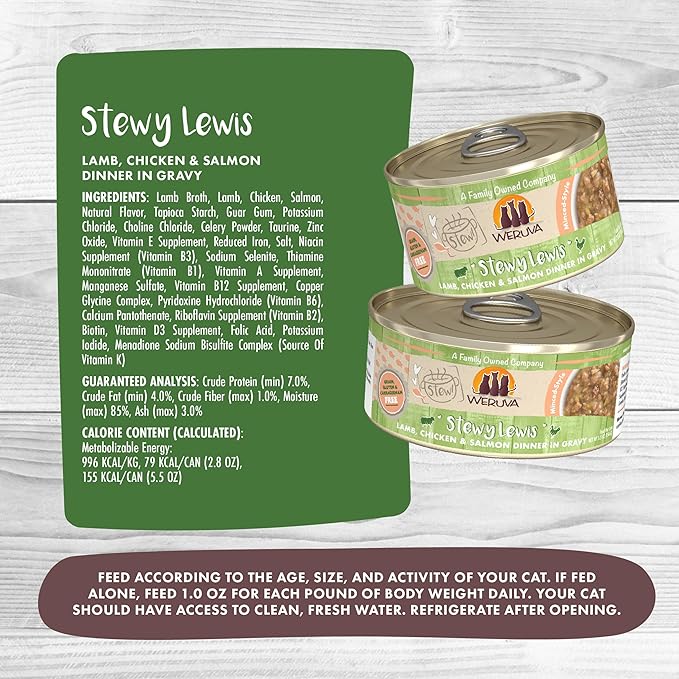 Weruva Classic Cat Stews, Stewy Lewis with Lamb, Chicken & Salmon in Gravy, 5.5oz Can (Pack of 8)