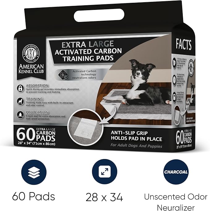 American Kennel Club Charcoal Puppy Training Pads, with Anti-Slip Adhesive Backing, Quick Dry Gel and Activated Carbon Odor Control (Charcoal, 60 Count - (XXL 28 x 34))