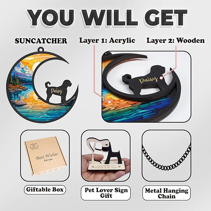 Personalized Dog Memorial Suncatcher, Heart Shape Custom Name Sympathy Ornament Window Car Hanging, Loss of Pet Death, in Loving Memory Gift, Dog Ornaments by Breed for Pet Lovers