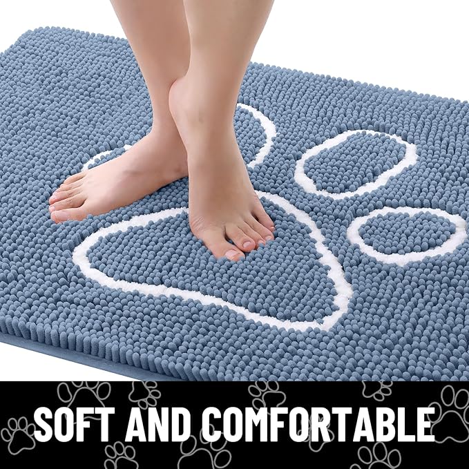 Smiry Dog Door Mat for Muddy Paws, Absorbent Dirt Trapper Non Slip Quick Dry Washable Chenille Mat for Mud Dogs, Entry Rug for Indoor and Outdoor (30x20 Inches, Airy Blue and White)