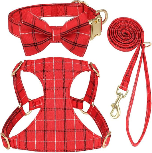 Beirui Cute Extra Small Dog Harness Collar and Leash Set with Bowtie, Soft Adjustable Plaid Puppy Harness for Small Sized Dogs Cats Walks Parties and Photoshoots(Red,XS:Chest 13-18")