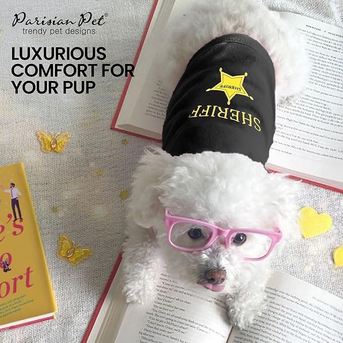 Parisian Pet Dog Tshirt - Embroidered “ Sheriff “ Dogs Apparel - Lightweight and Skin Friendly Dog Clothes - Sleeveless Doggy Tee Shirts - Machine Washable Shirt for Large Dogs - XL