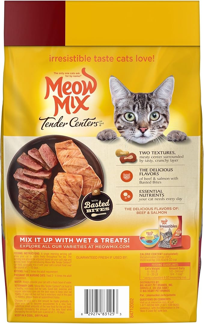 Meow Mix Tender Centers Basted Bites Dry Cat Food, Beef & Salmon Flavors, 3 Pound (Pack of 4), Crunchy Outside Meaty Inside