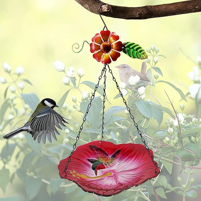 Hanging Bird Bath Glass BirdBath Hummingbird Outdoor Bird Feeder Garden Yard Decorations