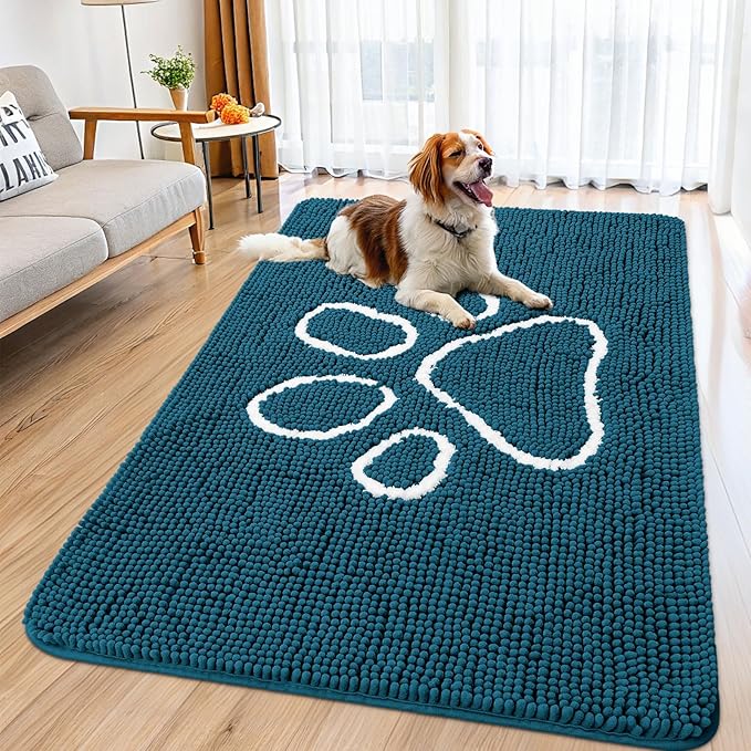 Smiry Dog Door Mat for Muddy Paws, Absorbent Dirt Trapper Non Slip Quick Dry Washable Chenille Mat for Mud Dogs, Entry Rug for Indoor and Outdoor (59x35 Inches, Atlantic Blue)