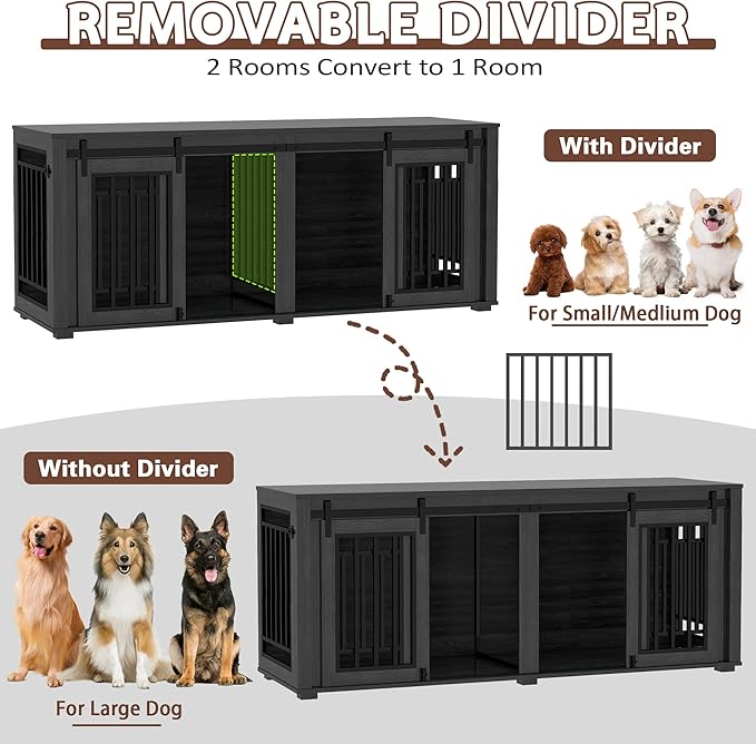 Large Dog Crate Furniture for 2 Dogs, Upgrade 71" Pro XXL Sliding Door Heavy Duty Dog Kennel Furniture with Divider, Steel Frame Indoor Double Dog Crate for Large Medium Small Dogs, Dark Black