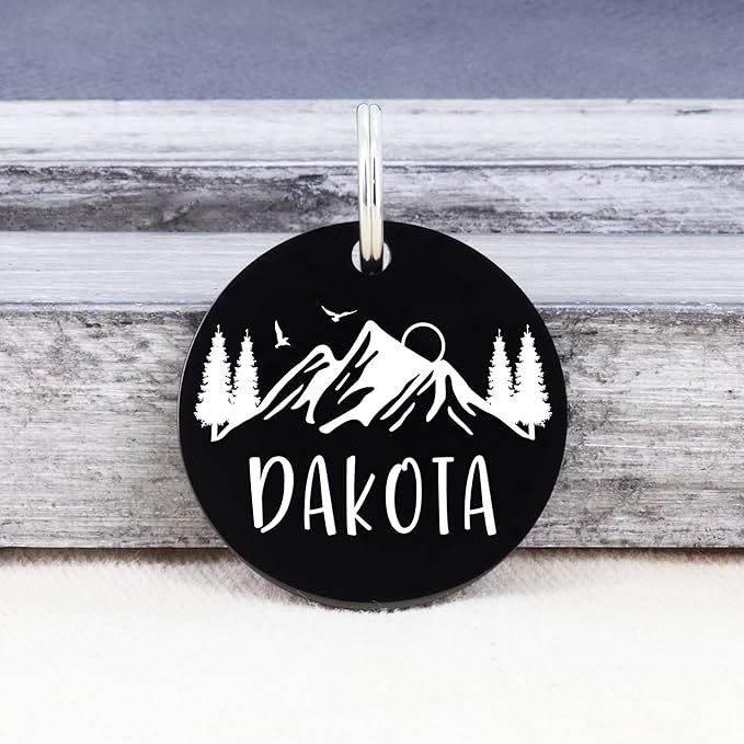 Ultra Joys Stainless Steel Pet ID Tag Dog Name Tags Personalized Front & Back Engraving, Customized Dog Tags and Cat Tags, Optional Engraved on Both Sides, Round Tag with Mountain on Top Design, Large