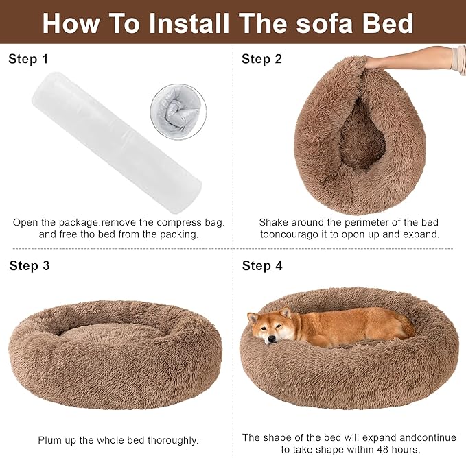 Dog Calming Beds for Small Medium Large Dogs - Round Donut Washable Dog Bed, Anti-Slip Faux Fur Fluffy Donut Cuddler Anxiety Cat Bed(28" Khaki