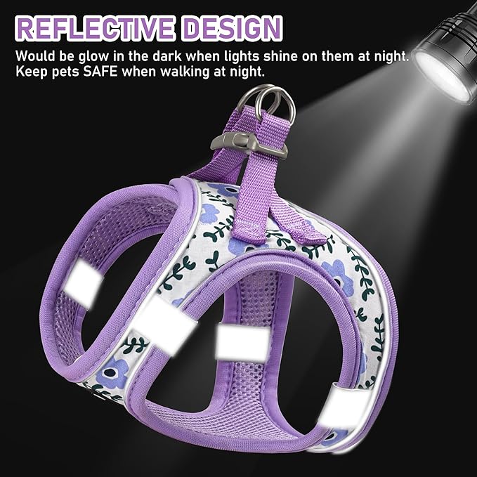 GAMUDA Small Dog Harness Collar and Leash Set, Step in No Chock No Pull Soft Mesh Adjustable Dog Vest Harnesses Plaid Reflective for Dogs Puppy Cats Kitten Rabbit (Purple Flower, L)