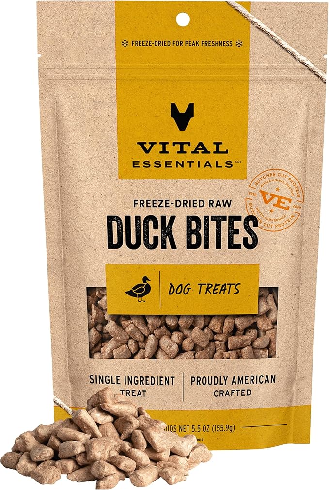 Vital Essentials Duck Bites Dog Treats, 5.5 oz | Freeze-Dried Raw | Single Protein | Premium Quality High Protein Training Treats | Grain Free, Gluten Free, Filler Free