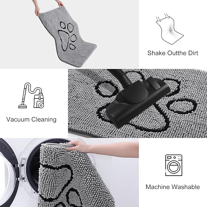 Smiry Dog Door Mat for Muddy Paws, Absorbent Dirt Trapper Non Slip Quick Dry Washable Chenille Mat for Mud Dogs, Entry Rug for Indoor and Outdoor (32x54 Inches, Grey)