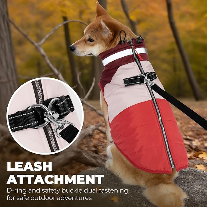 Dog Winter Coat, Reflective Dog Coats for Large Dogs, Waterproof Windproof Pet Clothes Jacket with Harness Built in, Warm Cold Weather Coats, Dogs Snowsuit Vest, Red XX-Large