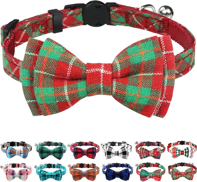 Joytale Upgraded Christmas Cat Collar with Bells, Breakaway Cat Collars with Bow Tie, 1 Pack Girl Boy Safety Plaid Kitten Collars, Red+Green Plaid