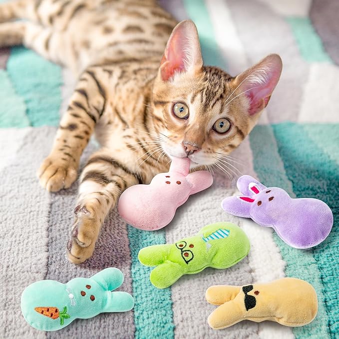 MALLMALL6 5Pcs Easter Bunny Catnip Toys Gift for Cat Lover, Colorful Rabbit with Carrot Pattern Catmint Interactive Toy for Indoor Cats, Soft Pet Presents Supplies, Kitten Teething Chew Kick Set