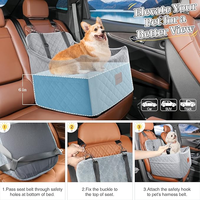 Dog Car Seat for Small/Medium Dogs up to 35 lbs, Memory Foam Pet Booster Seat with Detachable Washable Cover, Portable Pet Bed for Cars with Safety Belts and Storage Pockets(Grey, Medium)
