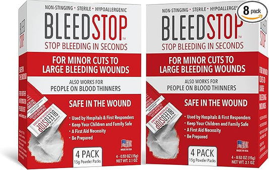 BleedStop™ First Aid Powder for Blood Clotting, Trauma Kit, Blood Thinner Patients, Camping Safety, and Survival Equipment for Moderate to Severe Bleeding Wounds or Nosebleeds (Double 4 Pack 15g)