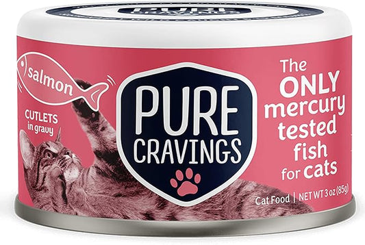 Pure Cravings Wet Cat Food Canned Salmon Cutlets in Gravy, 100% Mercury-Tested, Moist Can Fish for Cats, Grain-Free, Protein, Non-GMO, Pack of 12
