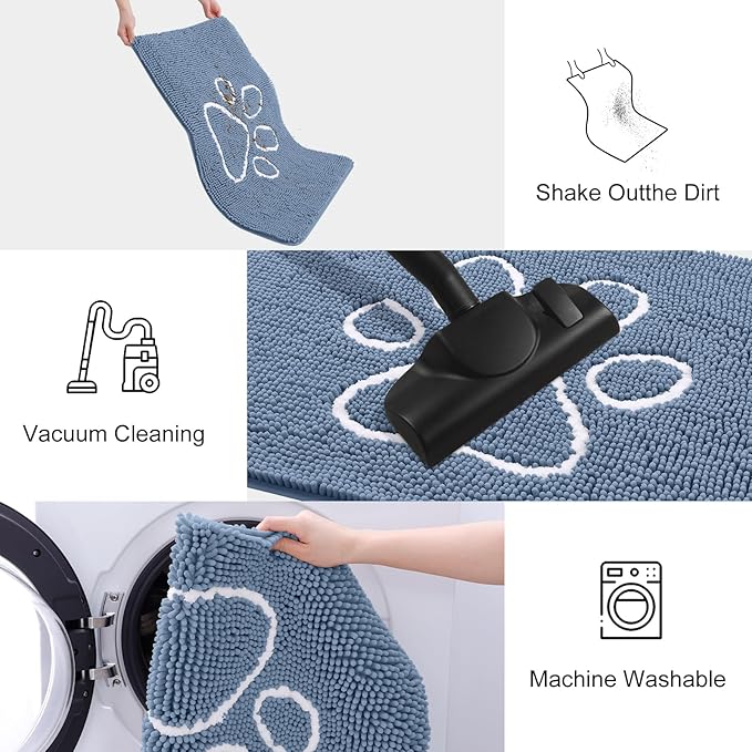 Smiry Dog Door Mat for Muddy Paws, Absorbent Dirt Trapper Non Slip Quick Dry Washable Chenille Mat for Mud Dogs, Entry Rug for Indoor and Outdoor (40x32 Inches, Airy Blue and White)