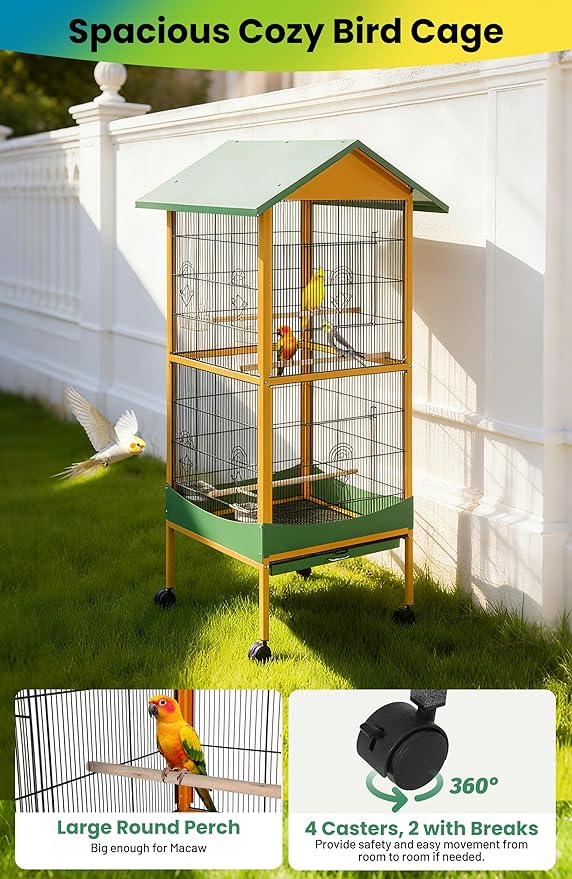 Garvee Bird cage, 66''H Extra Large Bird Cage, w/Removeble Tray, Waterproof Roof, Easy to Clean, Lockable Caster, Indoor& Outdoor Application for Conure,Macaw,Budgie,Cockatiel,Lovebirds,Parakeet