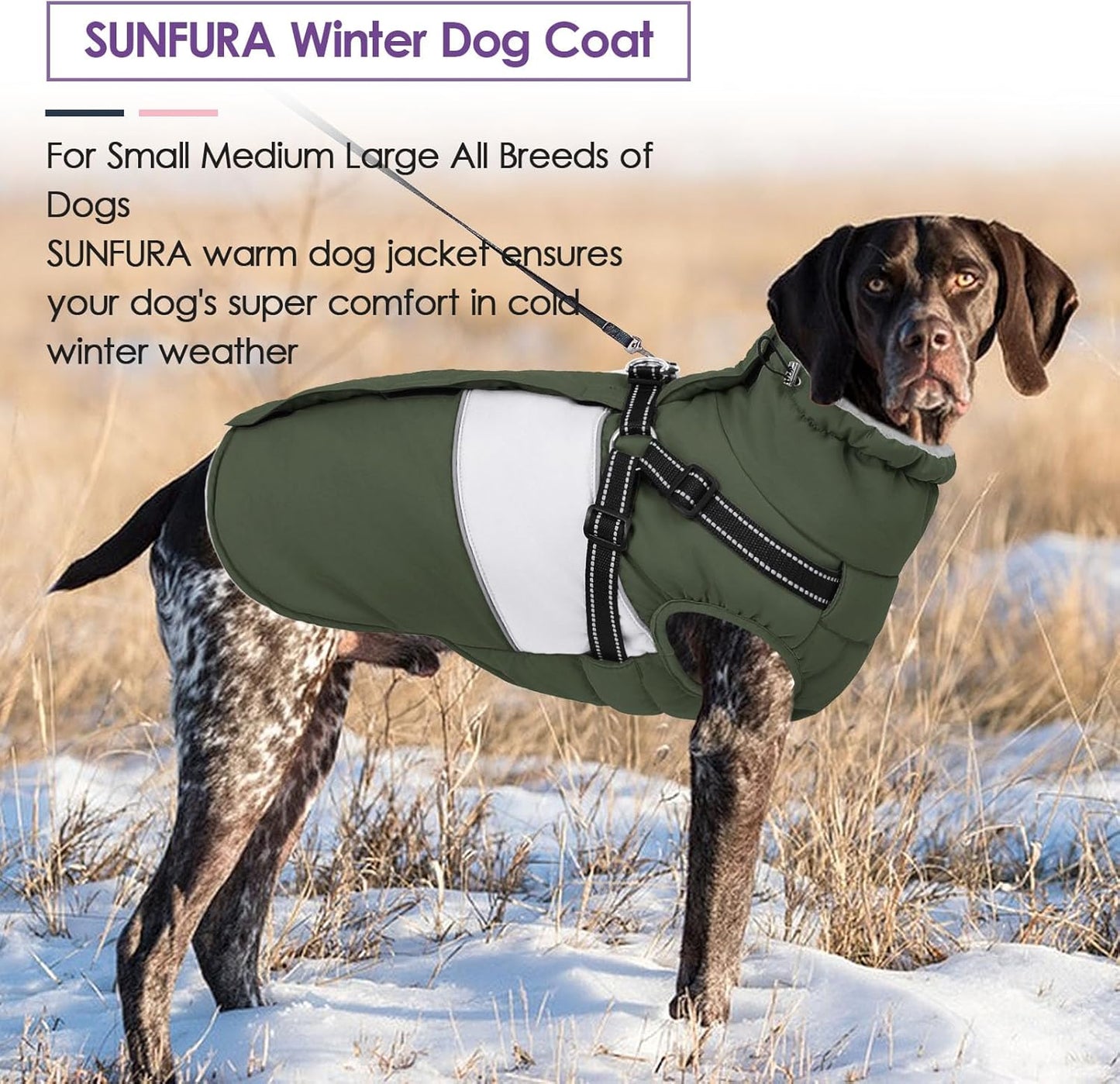 SUNFURA Dog Coat, XXL Dog Jacket Winter with Harness Built in, Waterproof Pet Snow Jacket with Furry Collar for Chilly Day, Reflective Fleece Snowsuit for Extra Large Dogs, Army Green 2XL