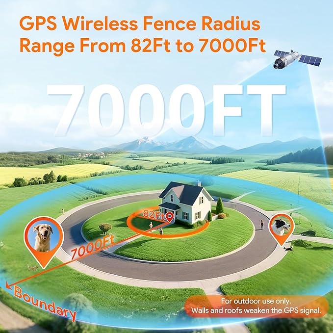 Meowant GPS Wireless Dog Fence System Collar with Training Remote, Free App, Custom Invisible Fence(82-7000ft), Beep/Vibration/Correction, Early Alert Band, Waterproof LCD Collar, Dogs 10+Lbs, Outdoor