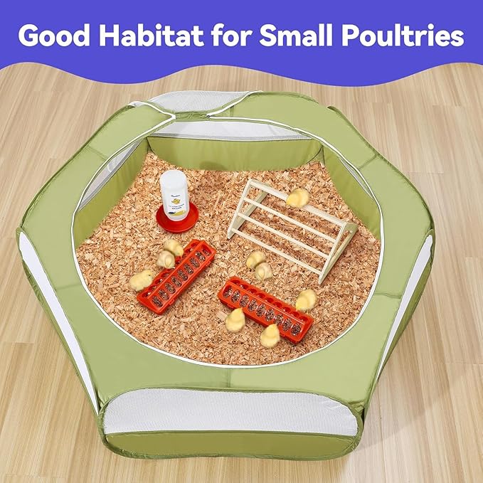 Pawaboo 5-in-1 Chicken Brooder Box for Chick Starter Kit, Includes Pet Cage Tent, Chicks Perch, Chick Feeder, 1.1L Chicks Waterer, Baby Chicken Supplies (Brooder Set), Green + Red + Wood Color