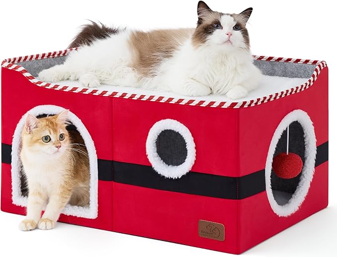 Bedsure Large Cat Beds for Indoor Cats - Extra Wide Cat Cube House for Small Pet with Fluffy Ball Hanging and Scratch Pad, Foldable Pet Cave Hideaway for Multiple Cats, 23.6x16.9x13 inches,Red