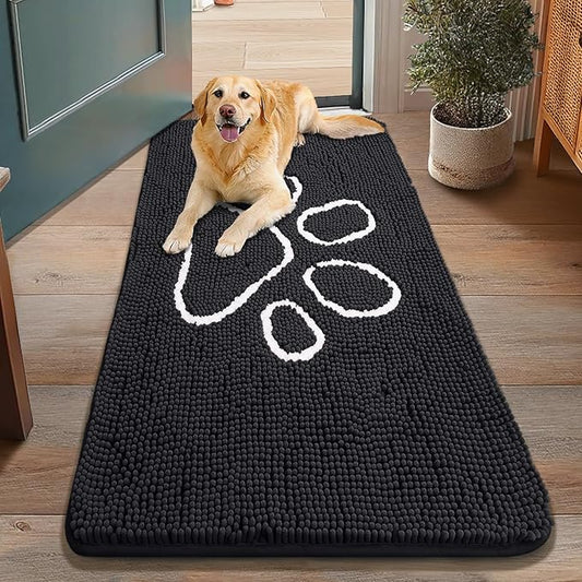 Smiry Dog Door Mat for Muddy Paws, Absorbent Dirt Trapper Non Slip Quick Dry Washable Chenille Mat for Mud Dogs, Entry Rug for Indoor and Outdoor (48x30 Inches, Black)