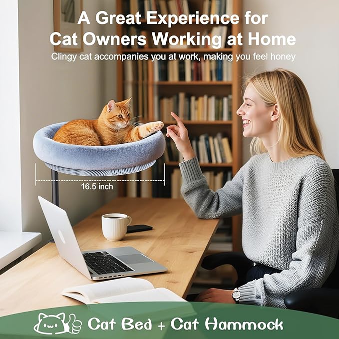 Cat Desk Bed, 360-Degree Rotating Hammock Perch, Cat Bed with Height Adjustable, Machine Washable, Gray
