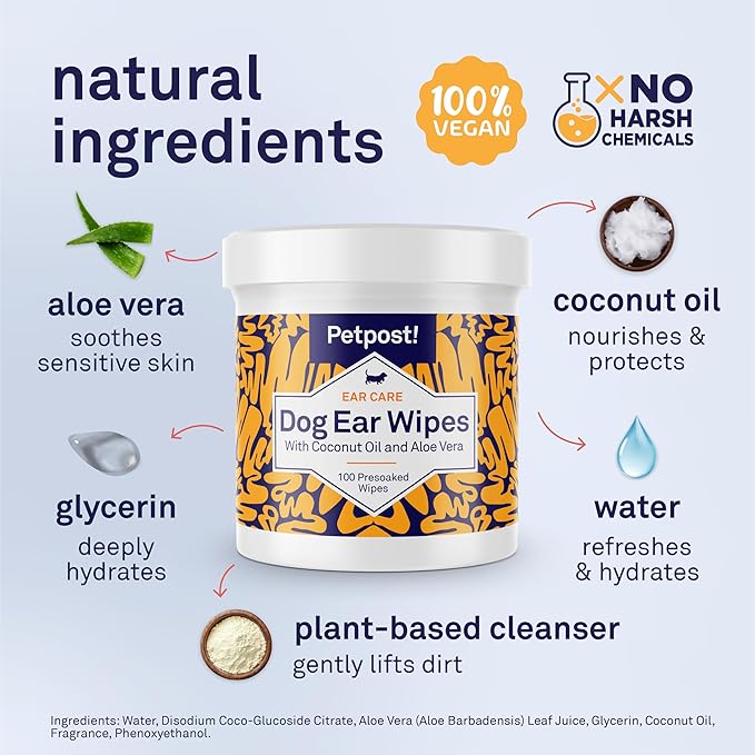 Petpost | Dog Ear Cleaner Wipes - Ultra Soft Cotton Pads in Coconut Oil Aloe Solution - Dog Ear Rinse & Cleanser 100 ct.