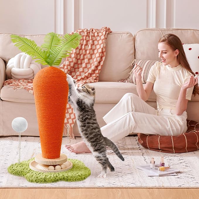 24'‘ H Cat Scratching Post Carrot with Catnip, Cute Cat Scratcher Post with Durable Natural Wooden Turntable Toy, Carrot Shape Design Cat Toy Cat Tree Sisal Scratcher for Indoor Cats (Cloud Base)