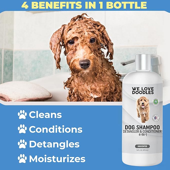 Dog Shampoo, Conditioner & Detangler - Best Shampoo for Goldendoodles, Poodles & Doodles - for Matted Pet Hair - Sensitive Skin Shampoo for Puppies - Made in The USA, 16OZ (Unscented)