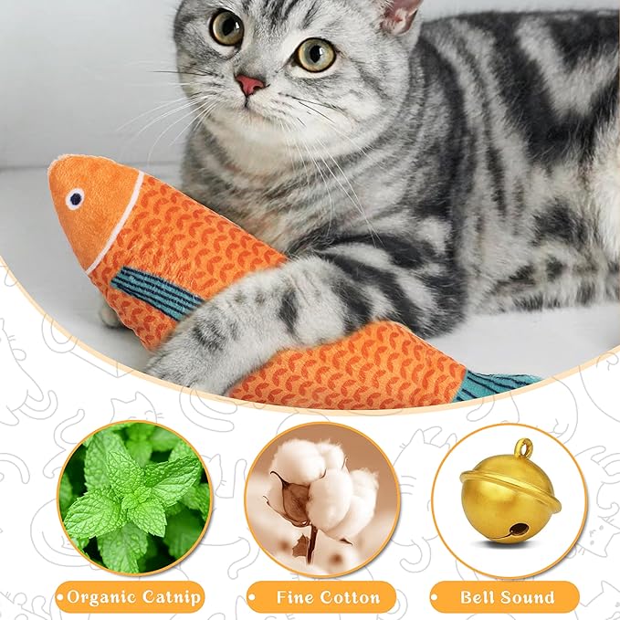 Soft Catnip Toys Fish, 3 Pack Bell Sound Cat Toys, Interesting Indoor Cat Kicker Toys, Durable and Highly Interactive Catnip Toys (Kingfish)