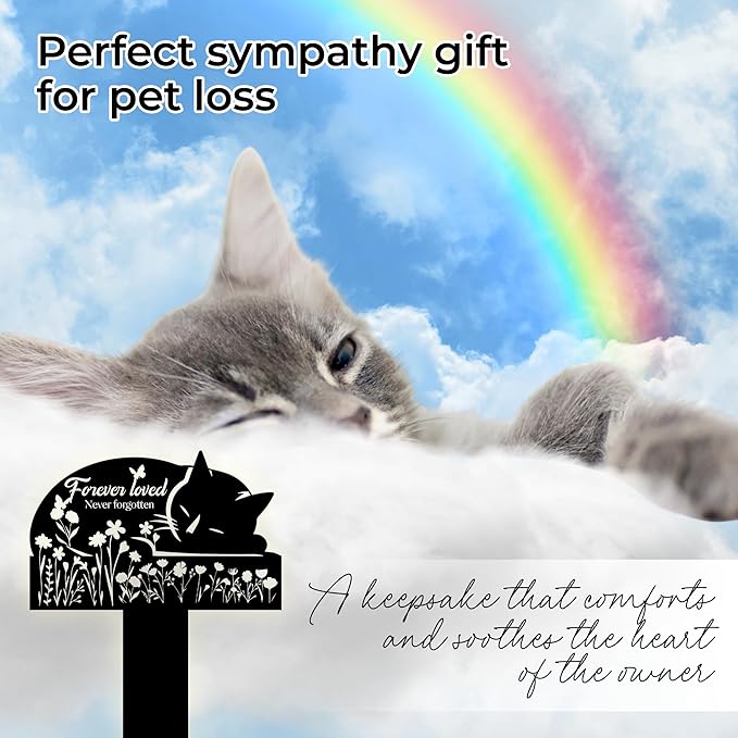 Cat Grave Marker Outdoor Memorial – 12in Metal Pet Memorial Plaque with Garden Sleeping Cat, Weatherproof Headstone for Yard or Indoor Tribute, Sympathy Gift for Loss of Cat