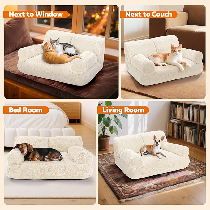 Gimars Upgrade Large Cat Bed for Indoor Cats -Added 10% More Stuff Sponge, Orthopedic Pet Couch Beds with Bolstered Edges, Fluffy Washable & Removable Cover, Anti Slip Base,Teak Milk Color