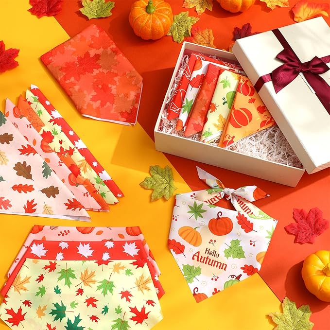 Weewooday 50 Pcs Fall Dog Bandanas Bulk Pumpkin Maple Leaves Thanksgiving Autumn Bandanas for Bibs Adjustable Scarf for Small Medium Large Pet Cat Costume(Leaves Pattern, 19.7 x 13.8 x 13.8 Inch)