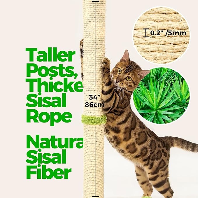 TINYBEAST 34" Tall Cat Scratching Post, Cat Scratcher Featuring Natural Sisal Rope, Cat Tree with Interactive Plush Toy Ball and Stable Base for Indoor Large Adult Cats & Kittens(Grey)