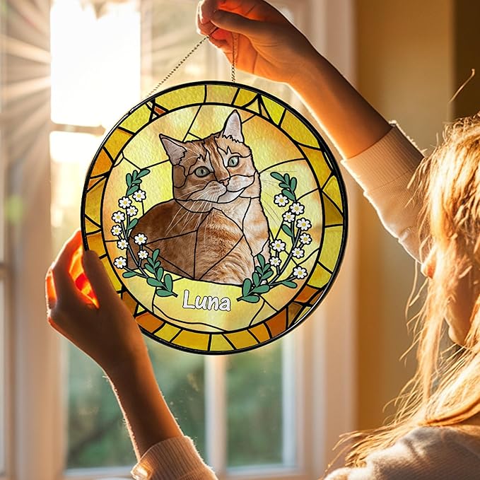 NAZENTI Personalized Cat Memorial Suncatcher, Sympathy Gift for Loss of Pet, Cat Remembrance Gift, Stained Glass Suncatcher, Custom Portrait Photo and Name, Pet Memorial Ornament Window Hanging 2