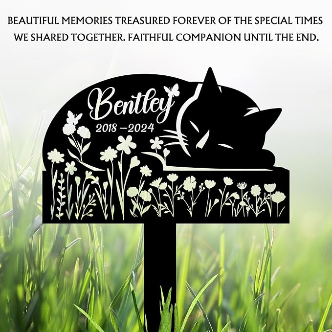 Sleeping Cat Grave Markers Outdoor, Weatherproof Metal Pet Headstone with Name & Date, Outdoor Grave Marker for Cats – Variety of Sizes & Finishes