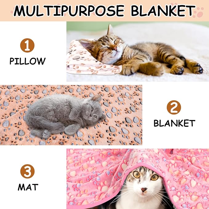 Rezutan Dog Blankets for Large Dogs, Upgraded 3 Pack Dogs Cat Blanket Washable 41" x 31", Soft Pet Throw Cover Suitable for Kennel Crate Bed, Cute Paw Pattern, White/Brown/Pink