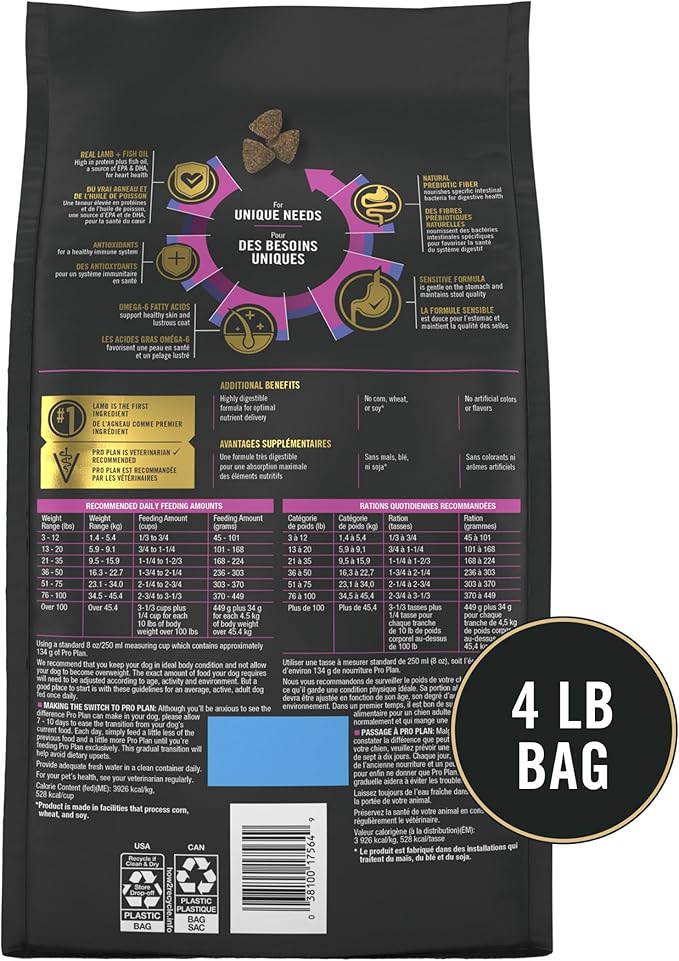 Purina Pro Plan Sensitive Skin and Sensitive Stomach Dog Food Lamb and Oat Meal Formula - 4 lb. Bag