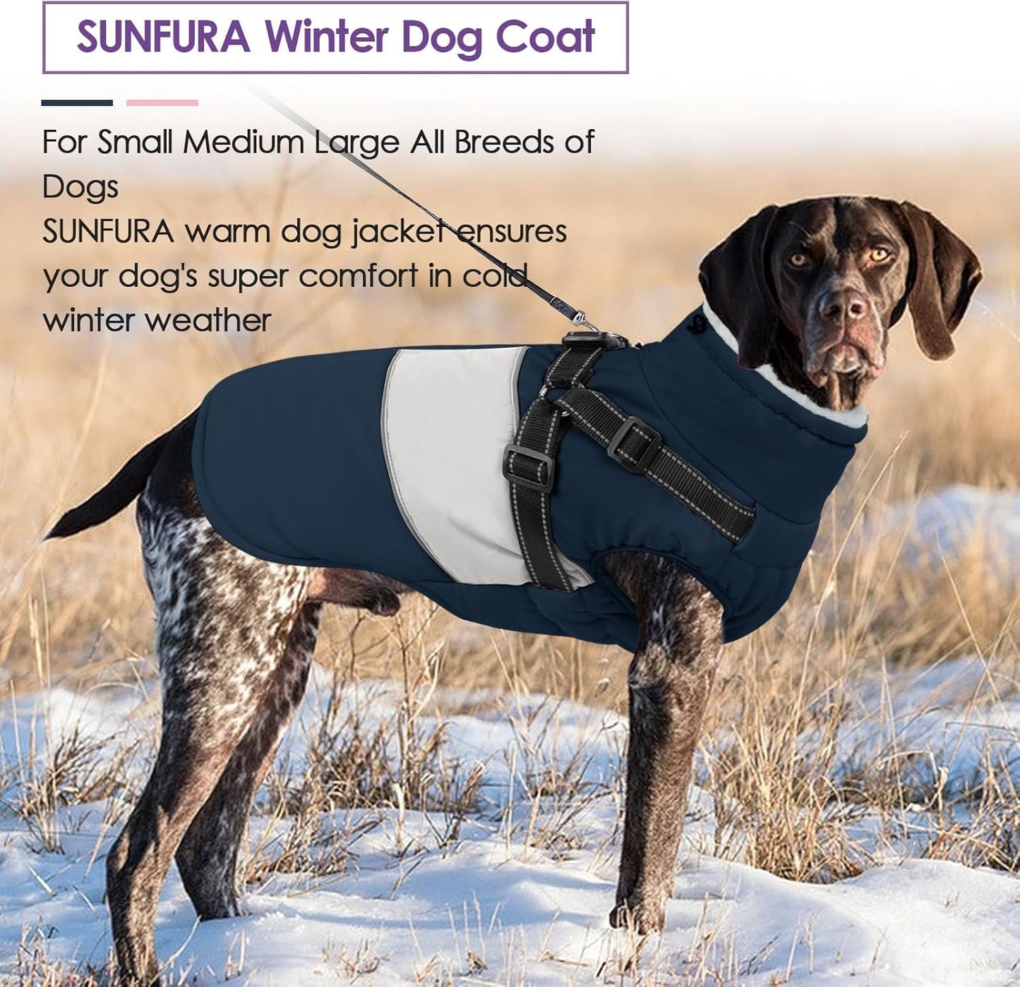 SUNFURA Dog Jacket, Large Dog Coat with Harness Built in, Warm Pet Winter Jacket Zippered Snow Coat with Furry Collar, Waterproof Fleece Snowsuit for French Bulldog, Navy Blue L