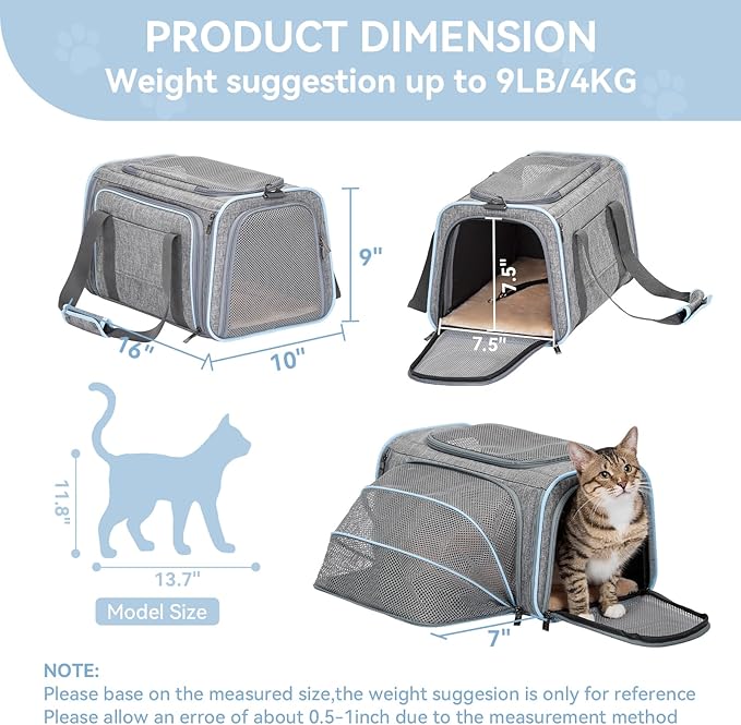 Petsfit Small Cat Carrier Soft Airline Approved Expandable Carrier for Kitten Puppy Bunny, 16"X10"X9“